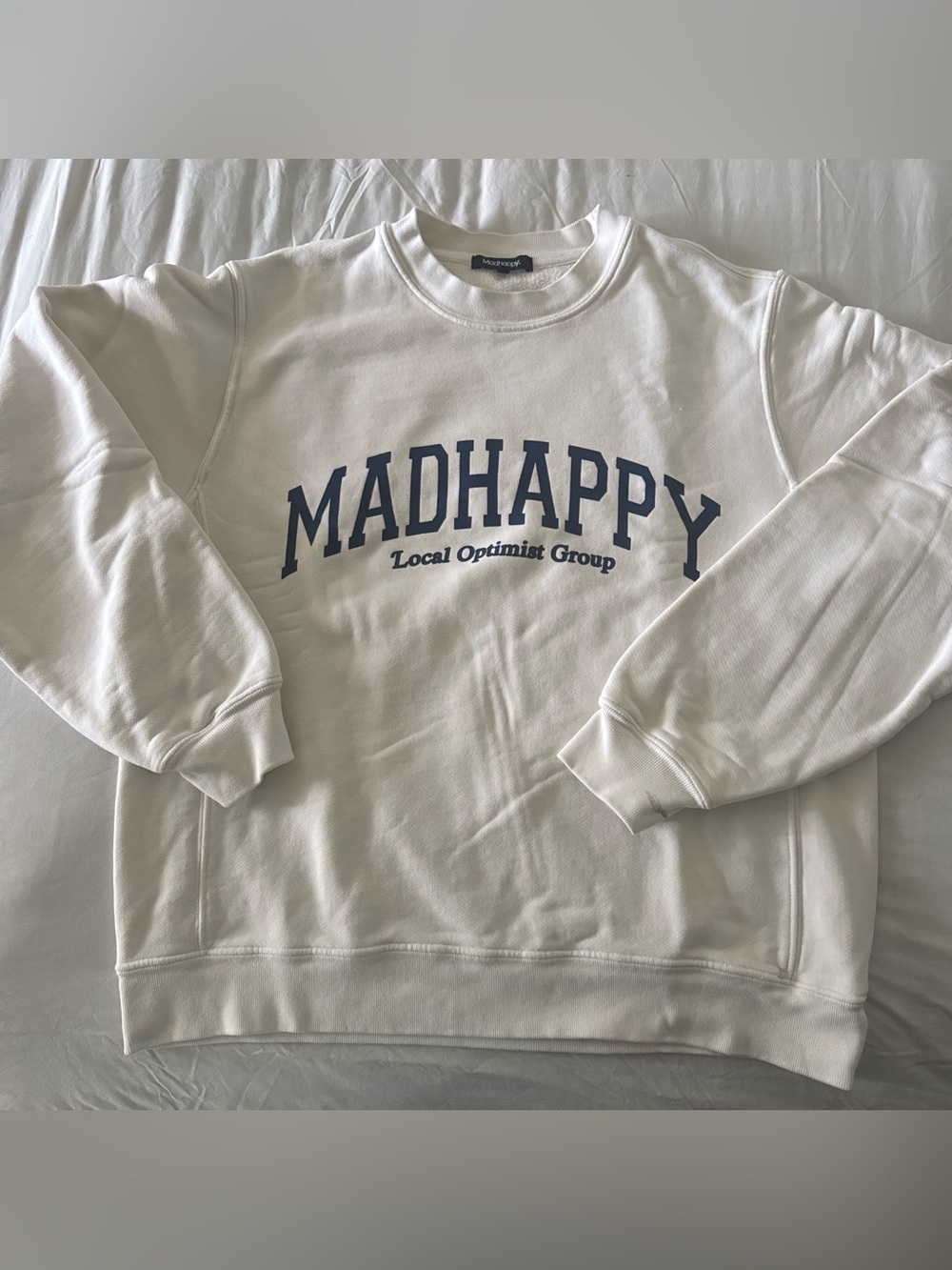 Madhappy White Crewneck with Navy Arch Logo
